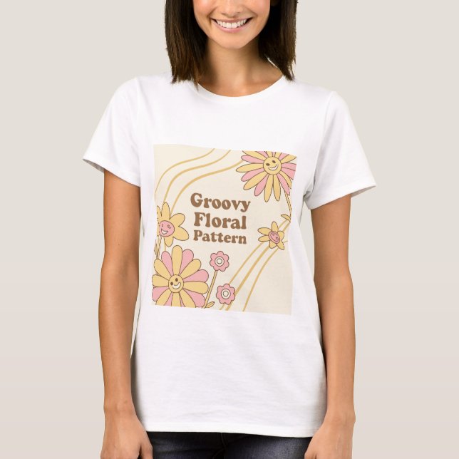 Retro Groovy Blommönster Leende Ansikte Blomma T-S T Shirt (Framsida)