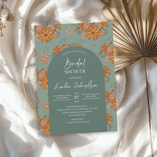 Retro groovy boho arch damsty grönt orange gult inbjudningar (Retro groovy boho arch dusty green orange yellow invitation)
