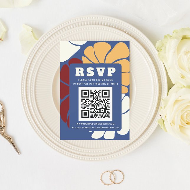 Retro Groovy Boho Chic Blommigt Bröllop QR CODE OSA Kort (Retro Groovy Boho Chic Floral Wedding QR CODE RSVP Card)