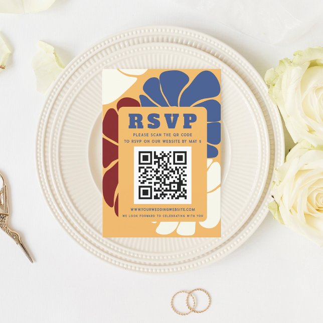 Retro Groovy Boho Chic Blommigt Bröllop QR CODE OSA Kort (Retro Groovy Boho Chic Floral Wedding QR CODE RSVP Card)