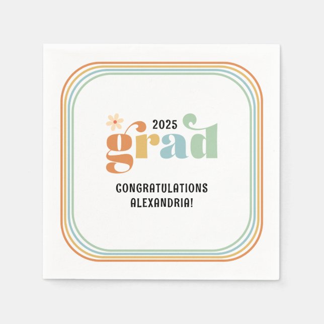 Retro Groovy Boho Daisy 2025 Grad Party Pappersservett (Framsidan)