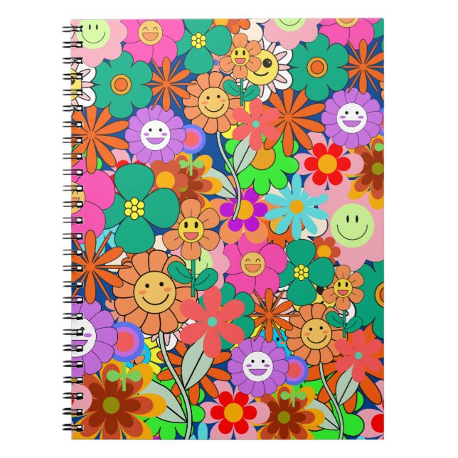 Retro Groovy Boho Hippie Flowers Anteckningsbok (Framsidan)