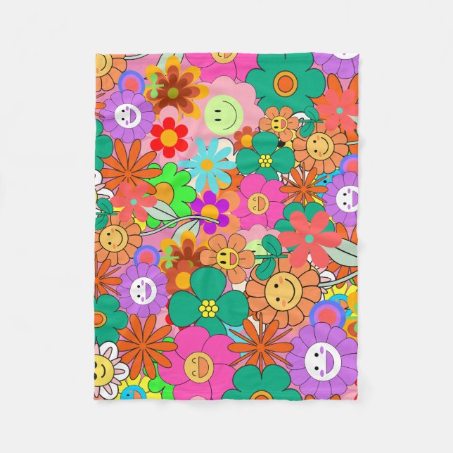 Retro Groovy Boho Hippie Flowers Fleecefilt (Framsidan)