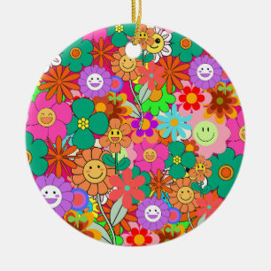 Retro Groovy Boho Hippie Flowers Julgransprydnad Keramik