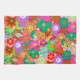 Retro Groovy Boho Hippie Flowers Kökshandduk