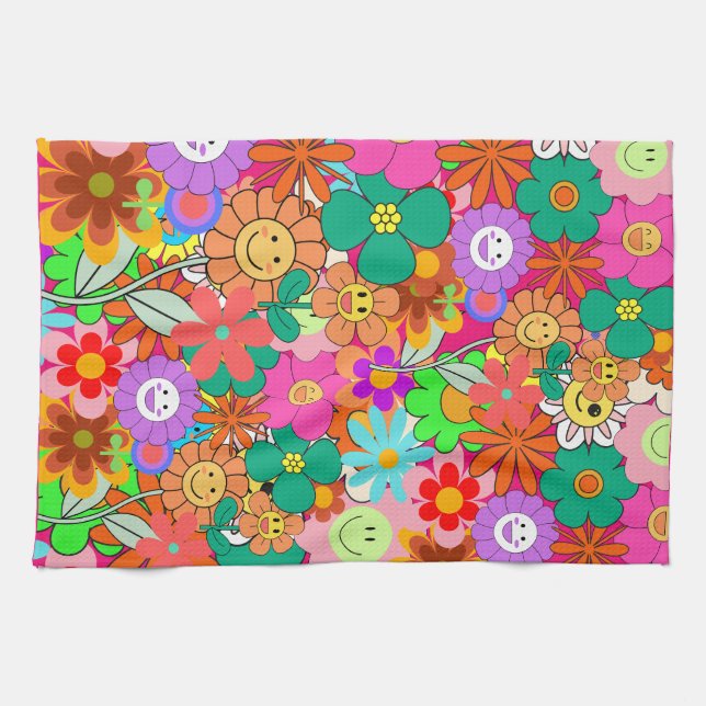 Retro Groovy Boho Hippie Flowers Kökshandduk (Horisontell)