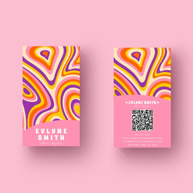 Retro Groovy Bright Rosa QR-kod, fyrkantig boho un Visitkort (Skapare uppladdad)