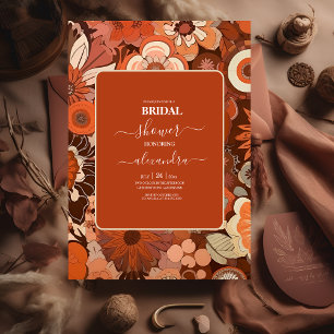 Retro Groovy burn orange blommigt bröllop Inbjudningar