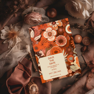 Retro Groovy burn orange blommigt bröllop Spara Datumet