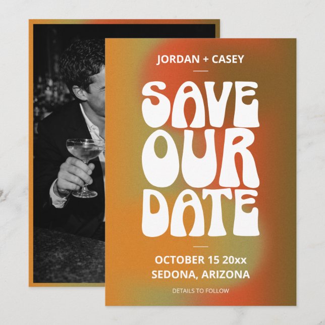 Retro Groovy Burnt Orange Fall Photo Wedding Spara Datumet (Fram/baksida)