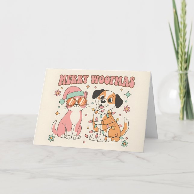 Retro Groovy Cat & Dog Merry Christmas Helgkort (Framsida)