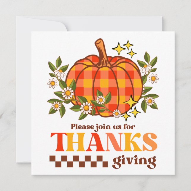 Retro Groovy Checkated Pumpkin Daisy Thanksgiving Inbjudningar (Framsida)
