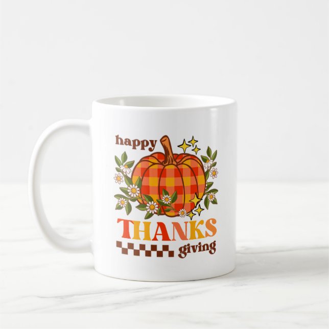 Retro Groovy Checkated Pumpkin Daisy Thanksgiving Kaffemugg (Vänster)