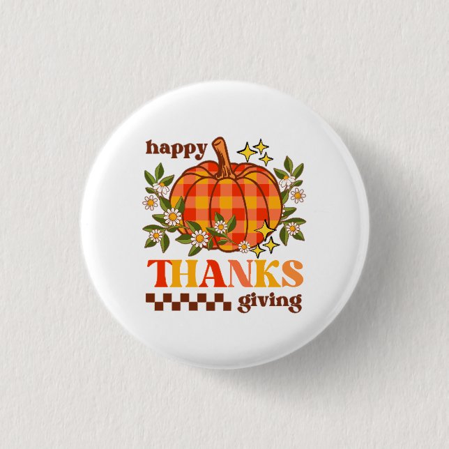 Retro Groovy Checkated Pumpkin Daisy Thanksgiving Knapp (Framsida)