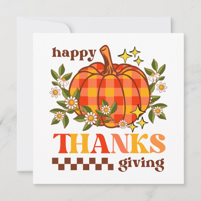 Retro Groovy Checkated Pumpkin Daisy Thanksgiving Kort (Framsida)