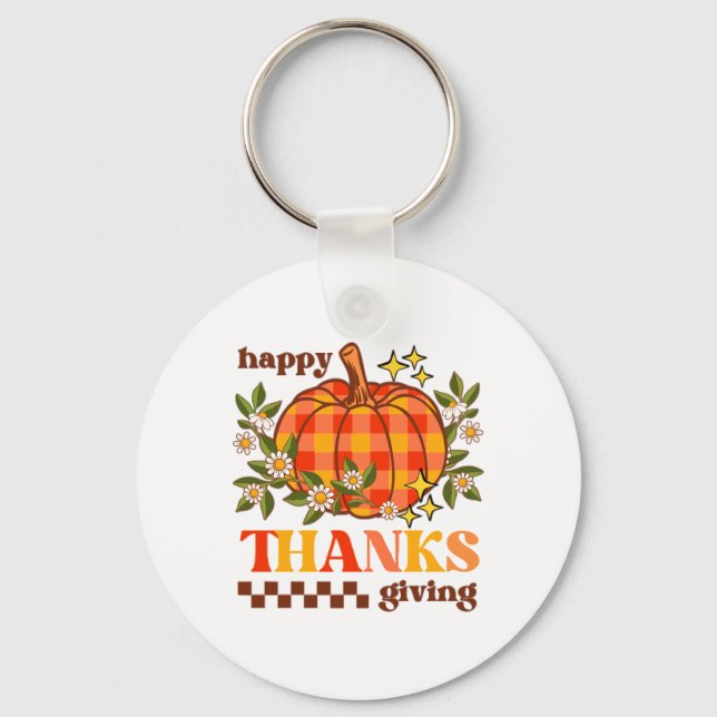 Retro Groovy Checkated Pumpkin Daisy Thanksgiving Nyckelring (Framsida)