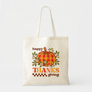 Retro Groovy Checkated Pumpkin Daisy Thanksgiving Tygkasse