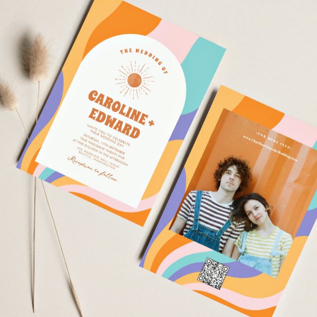Retro Groovy Colorful Vågigt Boho Bröllop Qr-kod Inbjudningar (Skapare uppladdad)