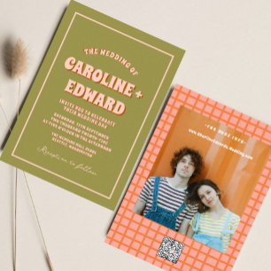 Retro Groovy Colorful Vågigt Boho Bröllop Qr-kod Inbjudningar
