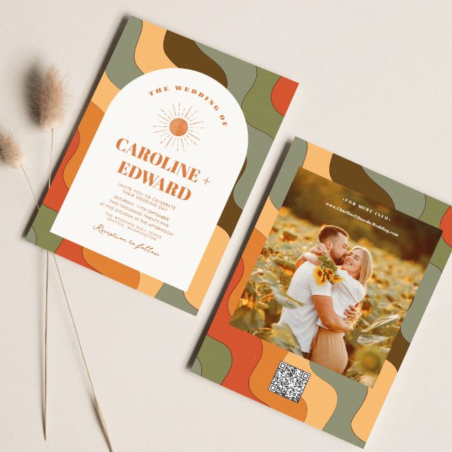 Retro Groovy Colorful Vågigt Boho Bröllop Qr-kod Inbjudningar (Skapare uppladdad)