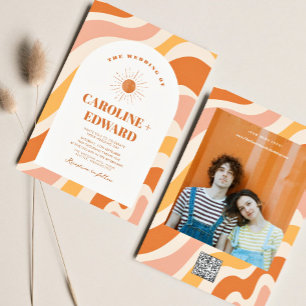 Retro Groovy Colorful Vågigt Boho Bröllop Qr-kod Inbjudningar