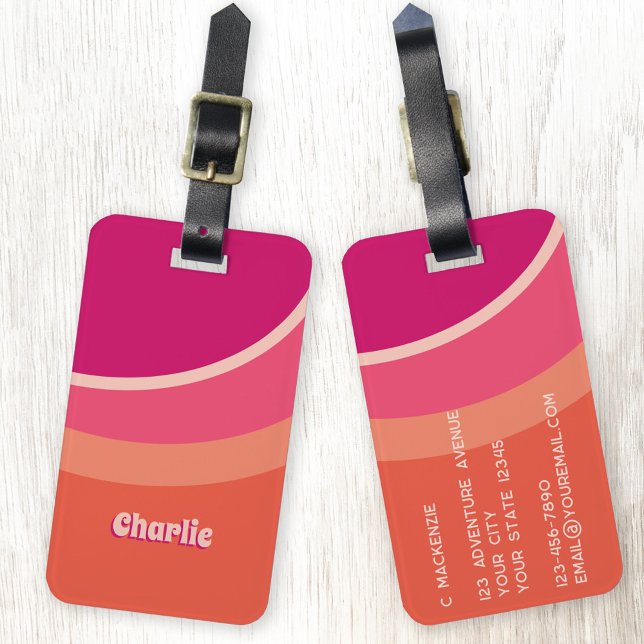 Retro Groovy Curve Rosa Orange Personlig Bagagebricka (Retro groovy curve pink orange personalized custom text luggage tag)