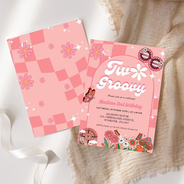 Retro groovy daisy blomma två groovy 2:a födelseda inbjudningar (Skapare uppladdad)