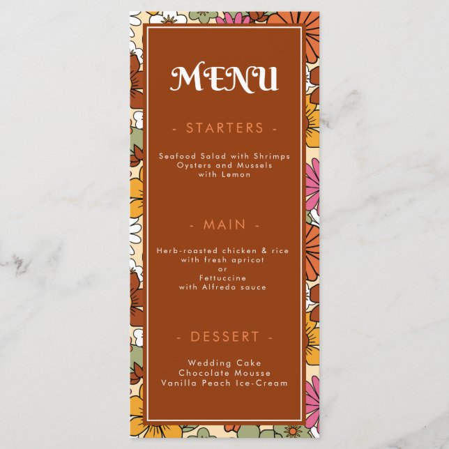 Retro Groovy Daisy Blommigt Hippie Bröllop Meny (Framsida)