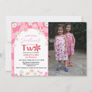 Retro Groovy Daisy Boho Twin 2nd Birthday Inbjudningar