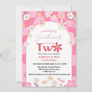 Retro Groovy Daisy Boho Twin 2nd Birthday Inbjudningar