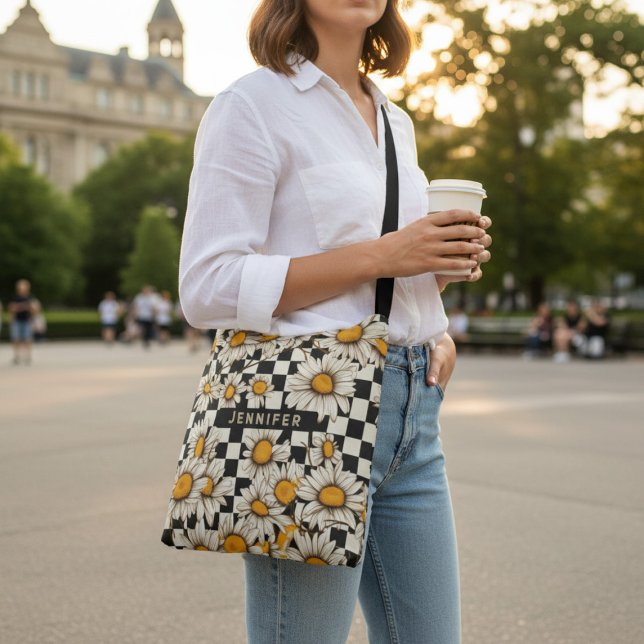 Retro Groovy Daisy Checkerboard Personlig Namn Axelväska (Skapare uppladdad)