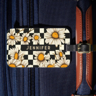 Retro Groovy Daisy Checkerboard Personlig Namn Bagagebricka