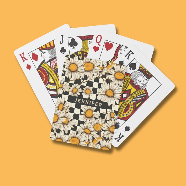 Retro Groovy Daisy Checkerboard Personlig Namn Casinokort (Skapare uppladdad)