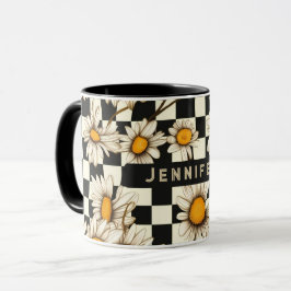 Retro Groovy Daisy Checkerboard Personlig Namn Mugg
