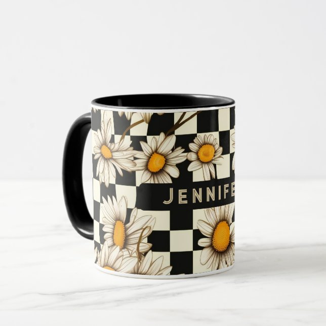 Retro Groovy Daisy Checkerboard Personlig Namn Mugg (Framsida vänster)