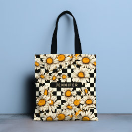 Retro Groovy Daisy Checkerboard Personlig Namn Tygkasse