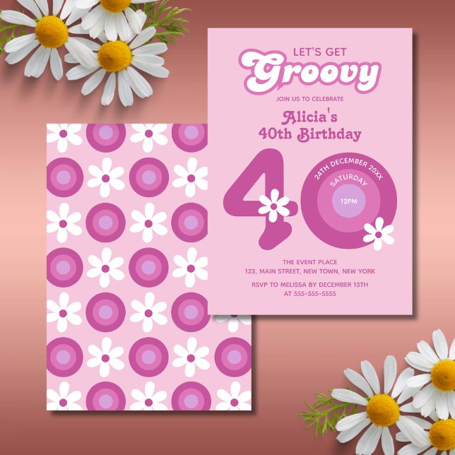 Retro Groovy Daisy Fet Rosa 40:e födelsedagen Inbjudningar (Skapare uppladdad)