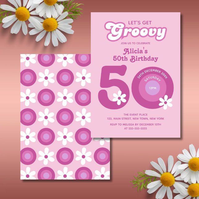 Retro Groovy Daisy Fet Rosa 50:e födelsedagen Inbjudningar (Skapare uppladdad)