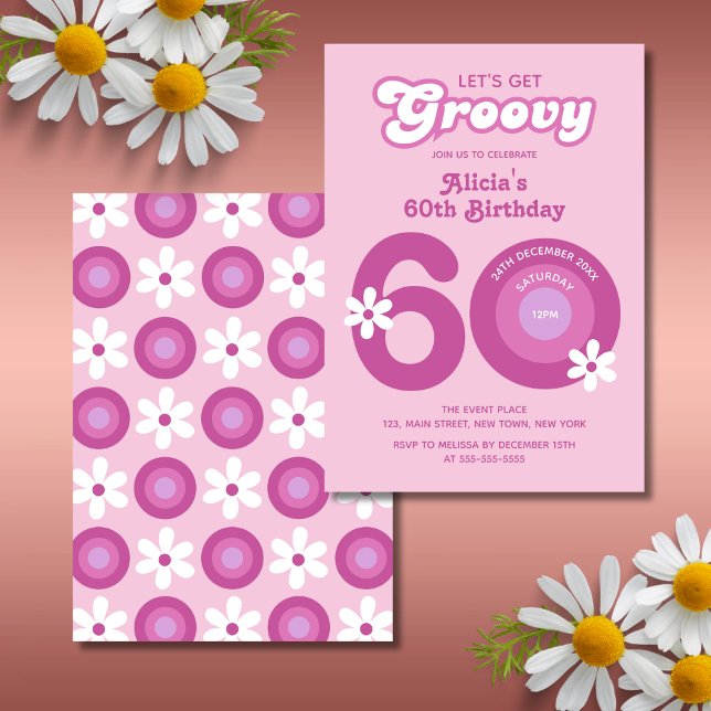 Retro Groovy Daisy Fet Rosa 60:e födelsedagen Inbjudningar (Skapare uppladdad)