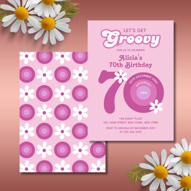 Retro Groovy Daisy Fet Rosa 70:e födelsedagen Inbjudningar (Skapare uppladdad)