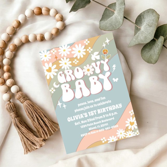 Retro Groovy Daisy Födelsedagsinbjudan Inbjudningar (Skapare uppladdad)