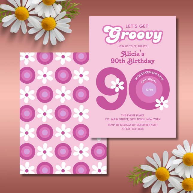 Retro Groovy Daisy Fold Rosa 90:e födelsedag Inbjudningar (Skapare uppladdad)