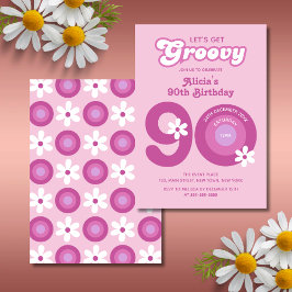 Retro Groovy Daisy Fold Rosa 90:e födelsedag Inbjudningar