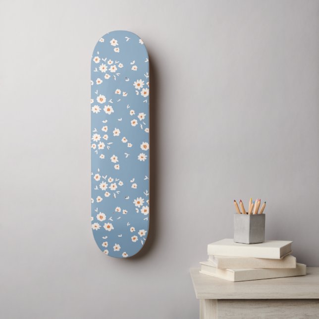 Retro Groovy Daisy Mönster Dusty Blue Blommigt 70  Mini Skateboard Bräda 18,5 Cm (Väggkonst)