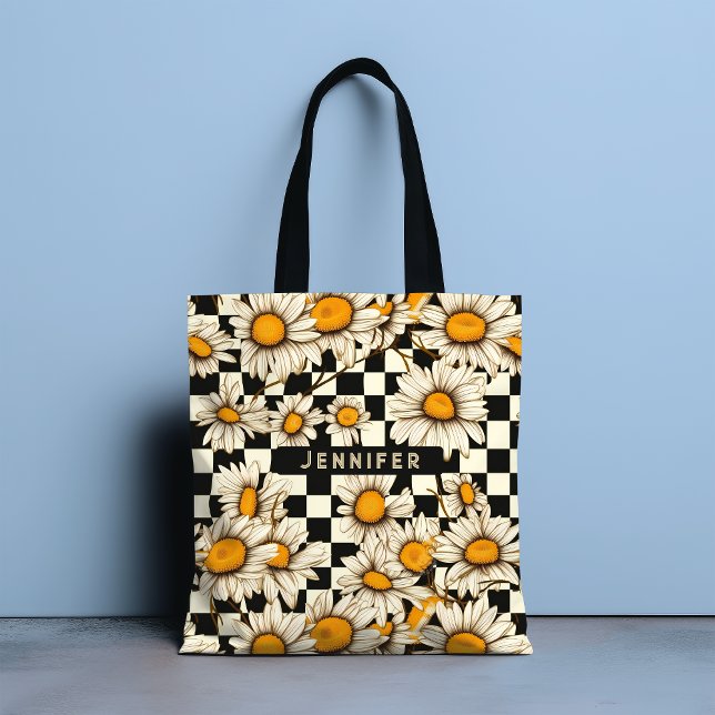 Retro Groovy Daisy Rutig Mönster Present med Anpas Tygkasse (Skapare uppladdad)