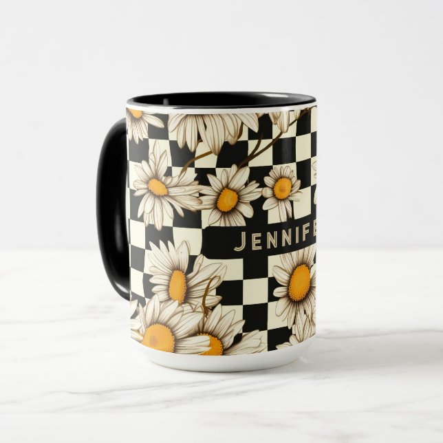 Retro Groovy Daisy Rutig Namngåva Mugg (Framsida vänster)