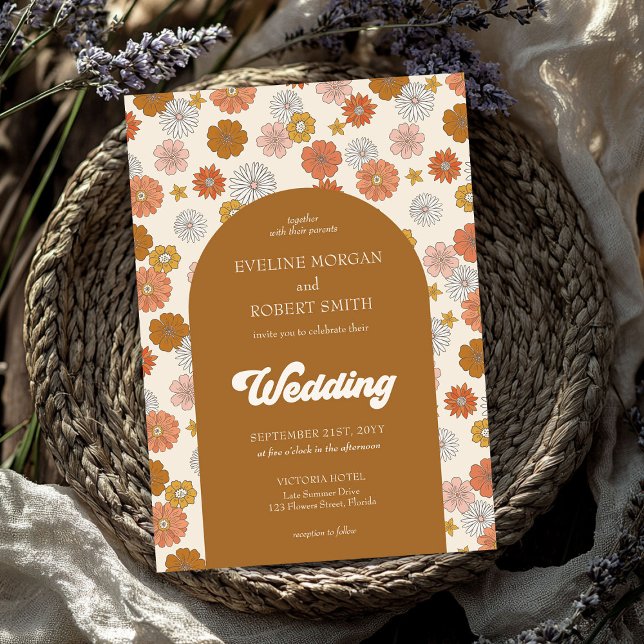 Retro groovy dammig orange elfenbensbrunt höst inbjudningar (Retro groovy dusty orange ivory brown autumn invitation)