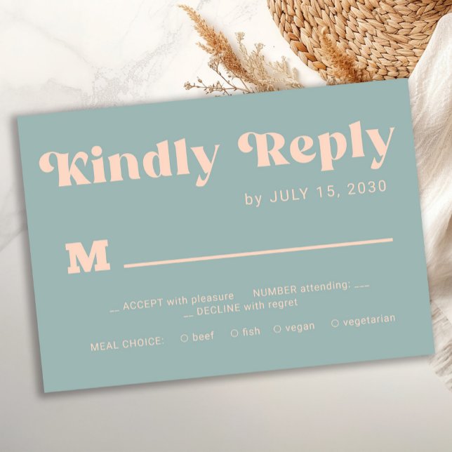 Retro groovy dusty blue bold typography wedding OSA kort (Skapare uppladdad)