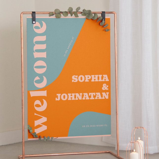 Retro groovy dusty blue typography welcome wedding poster (Skapare uppladdad)