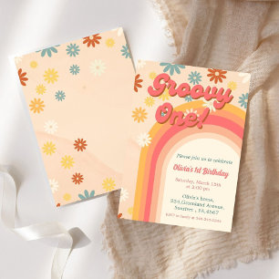 Retro groovy en daisy blomma Första födelsedag Inbjudningar